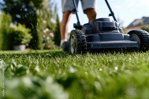 The image captures a close-up of a lawn mower cutting grass, highlighting the fine details of yard maintenance and the importance of care in landscaping tasks.