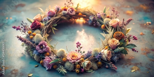 Low Light Watercolor Pastel Floral Wreath: Dried Flower Crown, Circle Design, Generative AI Art