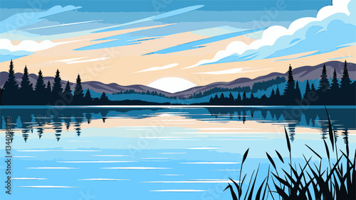 Panoramic mountainscape with mountain lake reflections in EPS and vector format.Serene Landscape With Sunset Over Calm Lake and Reflections