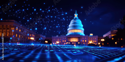 futuristic view of government building illuminated night, showcasing digital connections and