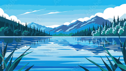 Panoramic mountainscape with mountain lake reflections in EPS and vector format.Serene Reflection of Mountains and Forest in Blue Lake Landscape