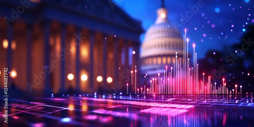 vibrant digital landscape showcasing futuristic data visualization front of government building