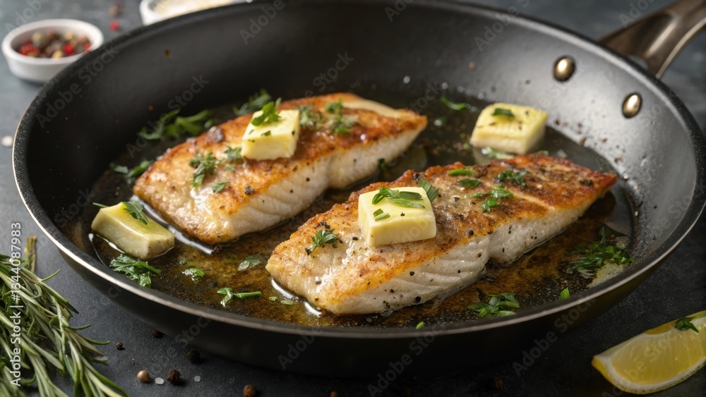 Two perfectly cooked fish fillets sizzle in a skillet with butter, herbs, and lemon, showcasing a delicious culinary presentation. Two perfectly cooked fish fillets sizzle in a skillet with butter, herbs, and lemon, showcasing a delicious culinary presentation.