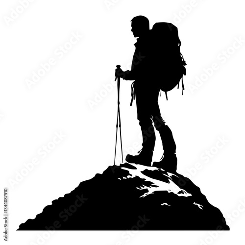 Lone hiker Ascending Treacherous Peak in Misty Wilderness