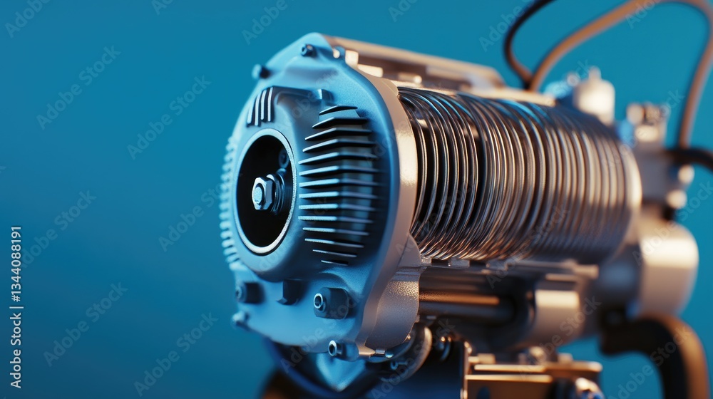 Detailed shot of a brushed motor with fine textures on a bold blue background Detailed shot of a brushed motor with fine textures on a bold blue background