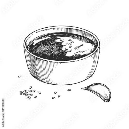 Vector hand-drawn illustration of teriyaki in ceramic bowl. Black and white sketch of sauce.
