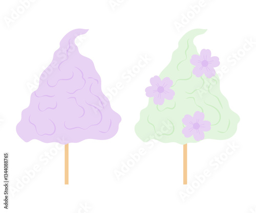 Candyfloss with flowers. Sweet sugar dessert. Set flat illustrations Cotton Candy. Takeaway. Park, lunapark, cinema, circus.	
