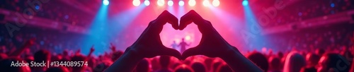 Hands forming a heart shape in front of a vibrant concert crowd with colorful stage lights.
