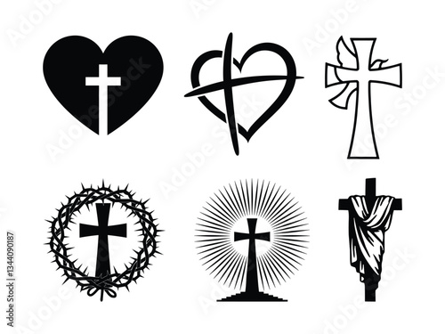 Religious Easter Symbols Vector | Christian Cross, Prayer, and Worship Silhouette