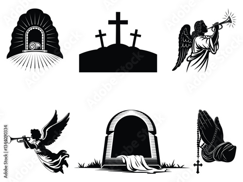 Religious Easter Symbols Vector | Christian Cross, Prayer, and Worship Silhouette