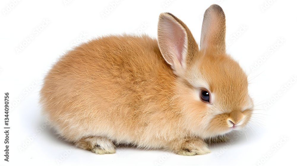 Obraz premium Fluffy Brown Rabbit Sitting Calmly on White Background with Soft Fur and Big Ears