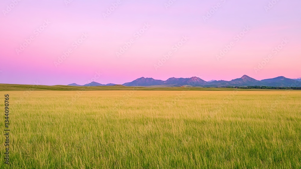 Obraz premium Serene Golden Field at Sunset with Distant Mountains