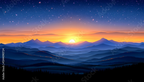 Serene sunrise over layered mountain ranges, starlit sky, peaceful landscape illustration.