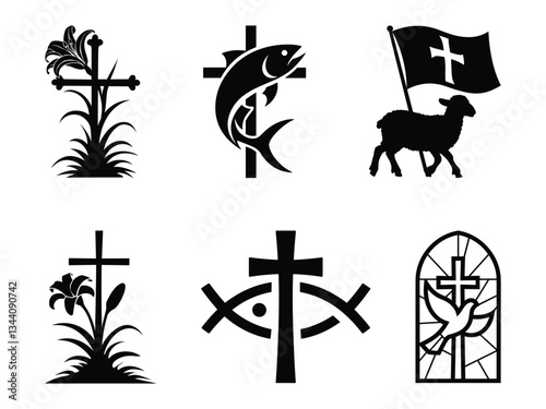 Religious Easter Symbols Vector | Christian Cross, Prayer, and Worship Silhouette