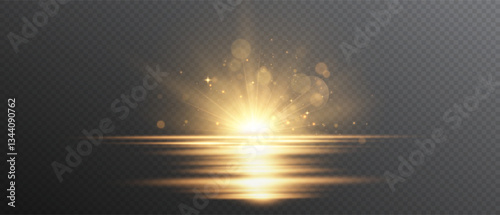 Yellow star flashed with sparkles sun isolated on white background. Soft glow without departing rays, sunlight with lens flare effect. PNG vector light effect
