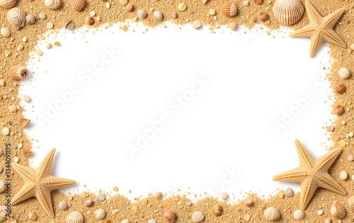 summer sea concept banner frame with sand shells and starfish. border on a white background.