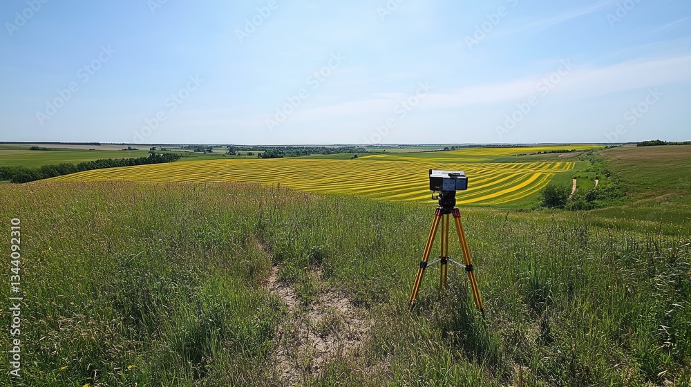 A GNSS surveying device set up in a large open field, gathering satellite positioning data. A GNSS surveying device set up in a large open field, gathering satellite positioning data.