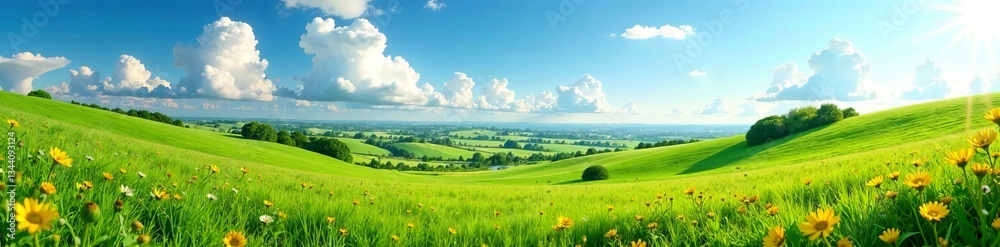 Fototapeta premium Vibrant green hills under a blue sky with fluffy clouds and blossoming wildflowers.