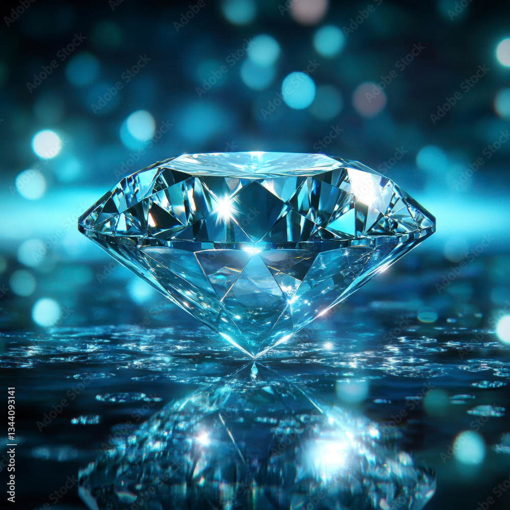 A sparkling diamond resting on a surface surrounded by soft blue lights and reflections A sparkling diamond resting on a surface surrounded by soft blue lights and reflections