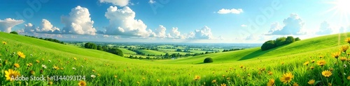 Vibrant green hills under a blue sky with fluffy clouds and blossoming wildflowers.