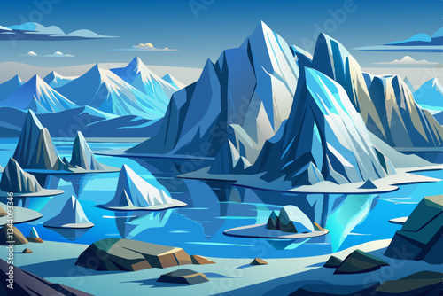 iceberg mountains with lakes and beautiful sky vector cartoon