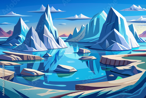 iceberg mountains with lakes and beautiful sky vector cartoon