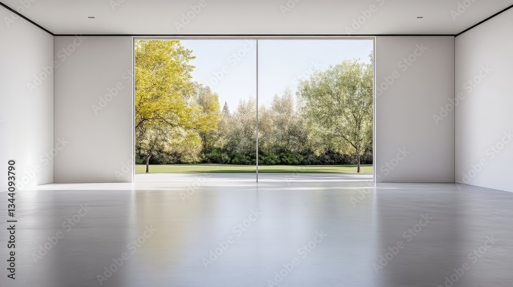 Fototapeta premium Empty modern room with large windows overlooking a park
