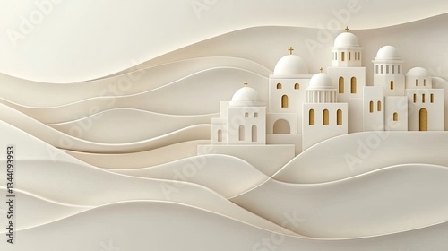 The artwork showcases a picturesque village with white architecture harmonizing with rolling hills, illuminated by soft ambient light
