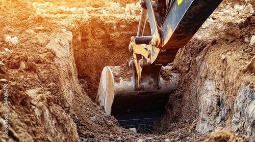 A heavy-duty excavator digging a trench at a rural construction site.