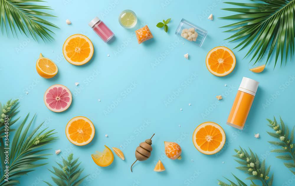 Fun summer flat lay with space in the center, pastel blue background for advertising compositions. Ai generated. Fun summer flat lay with space in the center, pastel blue background for advertising compositions. Ai generated.