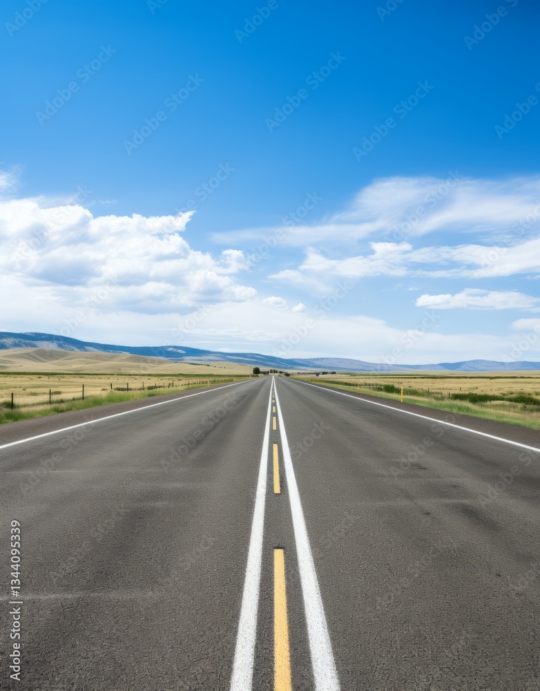 Endless two-lane highway stretching into the horizon through a vast rural landscape under a bright blue sky with scattered clouds. Endless two-lane highway stretching into the horizon through a vast rural landscape under a bright blue sky with scattered clouds.