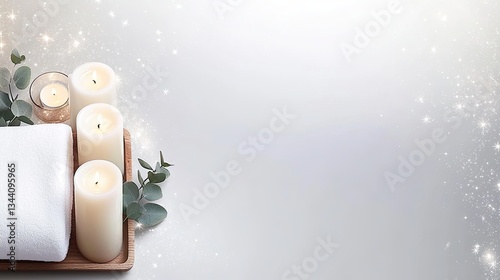 Stack of white towels on an elegant wooden tray with candles and eucalyptus leaves creates a serene and cozy atmosphere