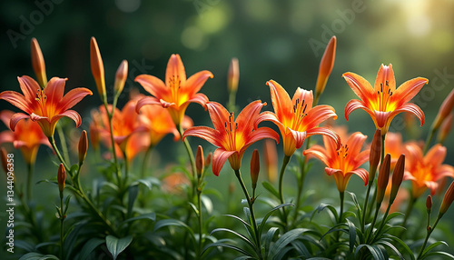 Bild auf Leinwand Vibrant Orange Daylilies in Full Bloom – Lush Garden Floral Scene