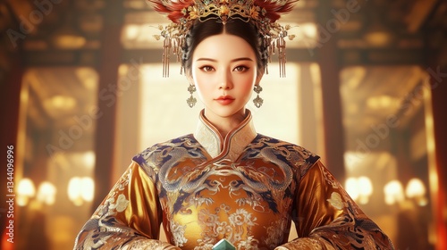Elegant Woman In Ornate Traditional Attire Indoors.