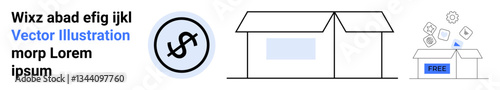 Dollar sign in circle, house-shaped shop, and open box with flying cubes. Ideal for e-commerce, business, delivery, shipping, online shopping, packaging and simple landing page