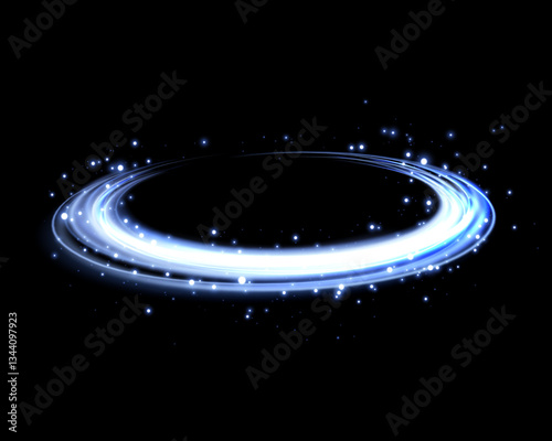 Glowing blue magic rings. Dynamic orbital flare halo ring. Neon realistic energy swoosh swirl. Abstract light effect on a dark transparent background. Vector illustration.