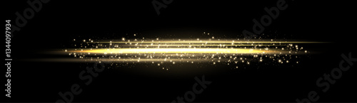 Gold horizontal lensflare. Light flash with rays or gold spotlight and bokeh. Yellow glow flare light effect. Vector illustration. Isolated on dark background.