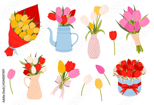 Spring flowers. Flowers in wrapping paper. Set different tulip bouquets. Floral design templates for Women's and Mother's Day. Flowers in vase, teapot and jug.