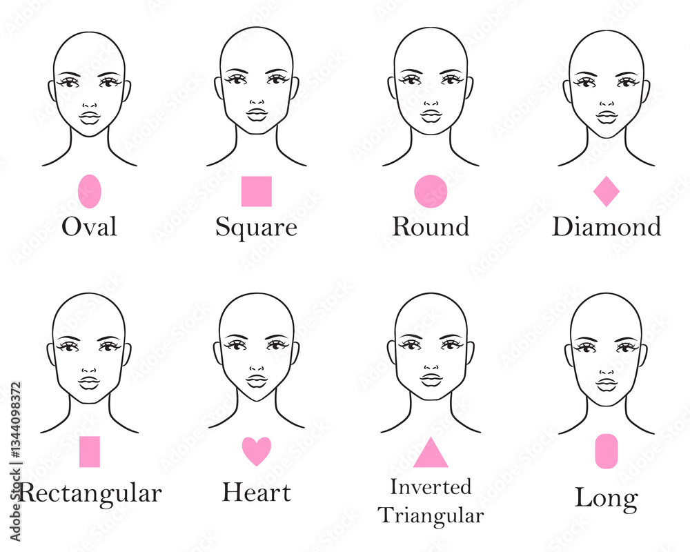 Vector illustration showcasing different female face shapes, including oval, square, round, diamond, rectangular, heart, inverted triangular, and long. Makeup and hairstyle guide. Vector illustration showcasing different female face shapes, including oval, square, round, diamond, rectangular, heart, inverted triangular, and long. Makeup and hairstyle guide.