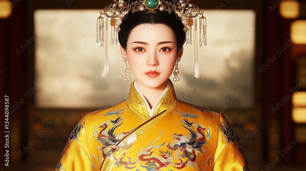 Elegant Woman In Traditional Yellow Attire Stands Regal Elegant Woman In Traditional Yellow Attire Stands Regal