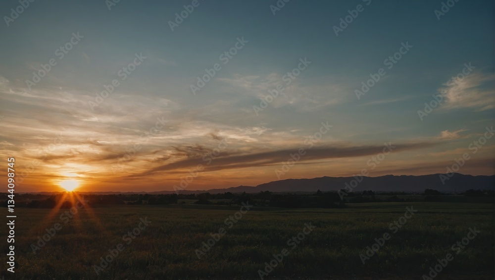 Fototapeta premium Golden Sun Illuminating a Vast Green Field at Dusk with Distant Hills and a Dramatic Sky