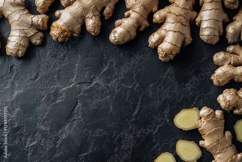Fresh Ginger Roots Arrangement on Dark Stone Background for Cooking