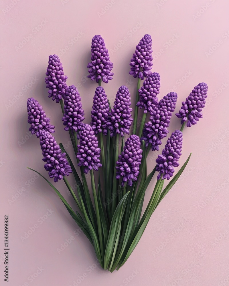 Fototapeta premium Purple Grape Hyacinth Botanical Illustration Minimal Floral Design Spring Bouquet