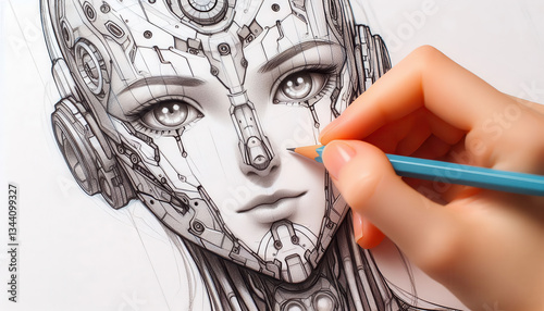 Design and construction of android robot, engineer designs on pc on tablet. Concept of future and present robotics technologies.