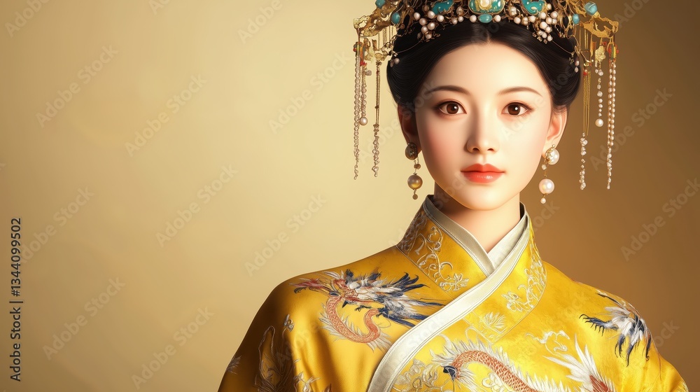 Majestic Empress In Gold Robe With Regal Headdress Majestic Empress In Gold Robe With Regal Headdress