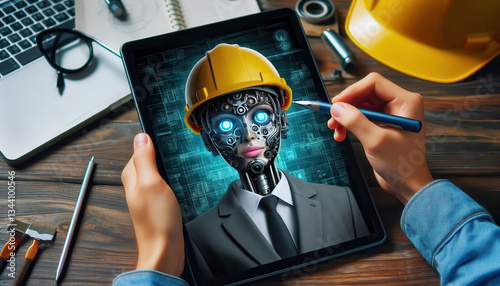 Design and construction of android robot, engineer designs on pc on tablet. Concept of future and present robotics technologies.