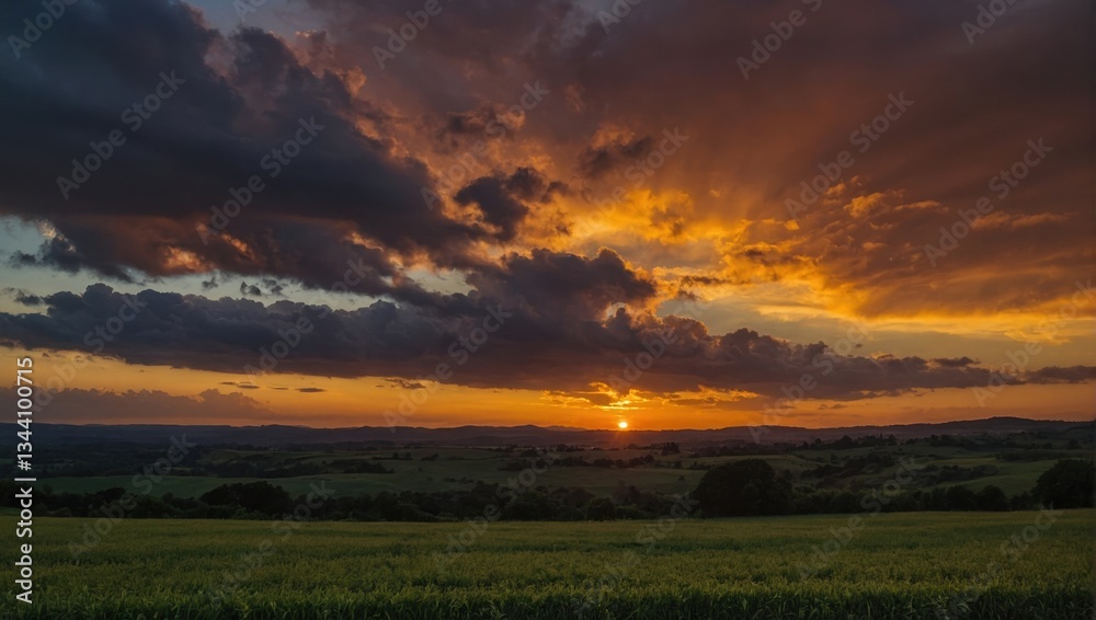 Dramatic Sunset Over Rolling Hills with Golden Light and Dark Clouds