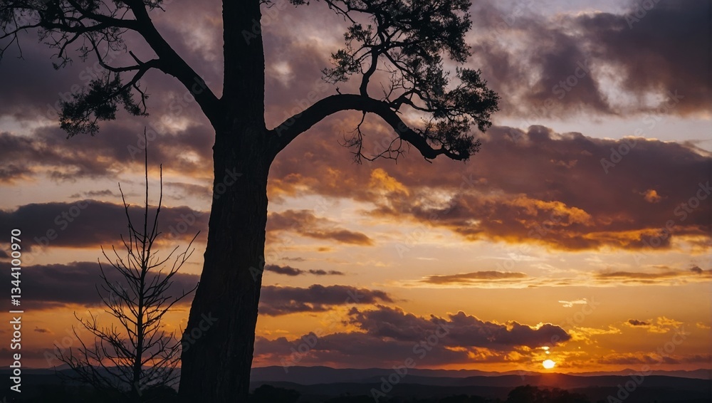 Naklejka premium Silhouette of a grand tree against a vibrant sunset with dramatic clouds, evoking a sense of tranquility and the beauty of nature