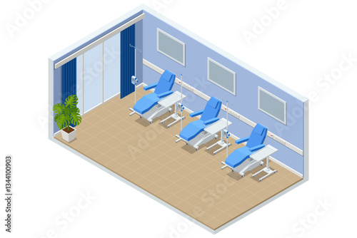 Isometric vector chemotherapy room featuring three specialized reclining medical chairs with IV stands, infusion pumps, tables, and comfortable hospital environment designed for patient comfort.