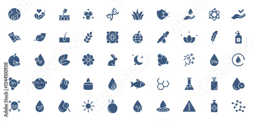 Organic cosmetic icon set. Eco cosmetics icon. Organic natural products. Natural cosmetics. Eco friendly, sensitive skin, vegan, paraben, antibacterial, allergen free, lab tested. vector